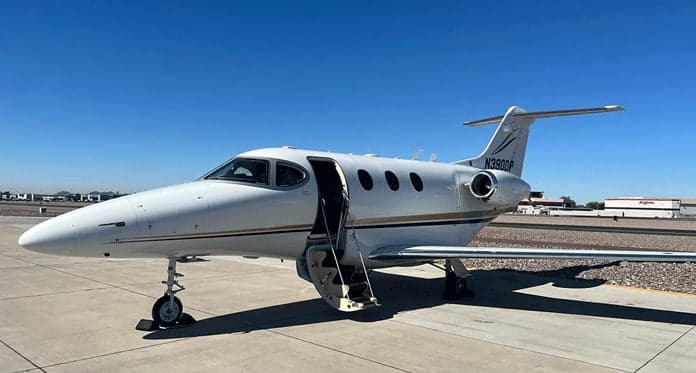 A white business jet with gold and black stripes, tail number N390DP, parked on an airport tarmac with its main cabin door open.