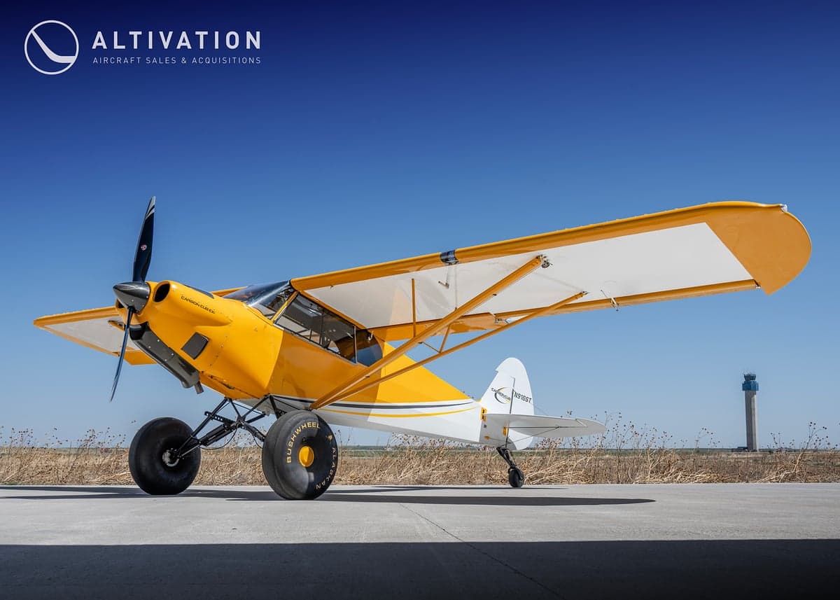 Close-up of the tail wheel of the Carbon Cub aircraft.