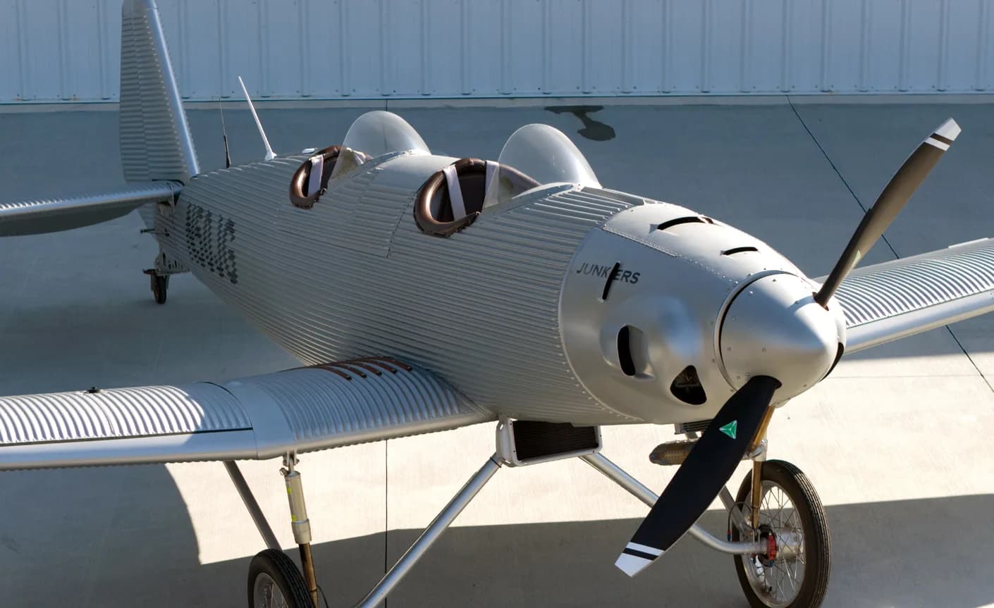 Front view of a Junkers aircraft with corrugated metal skin.