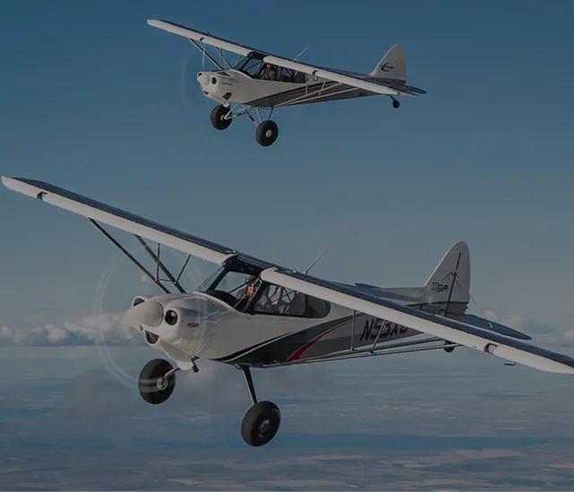 Two white and grey Carbon Cub aircraft flying in formation against a blue sky.