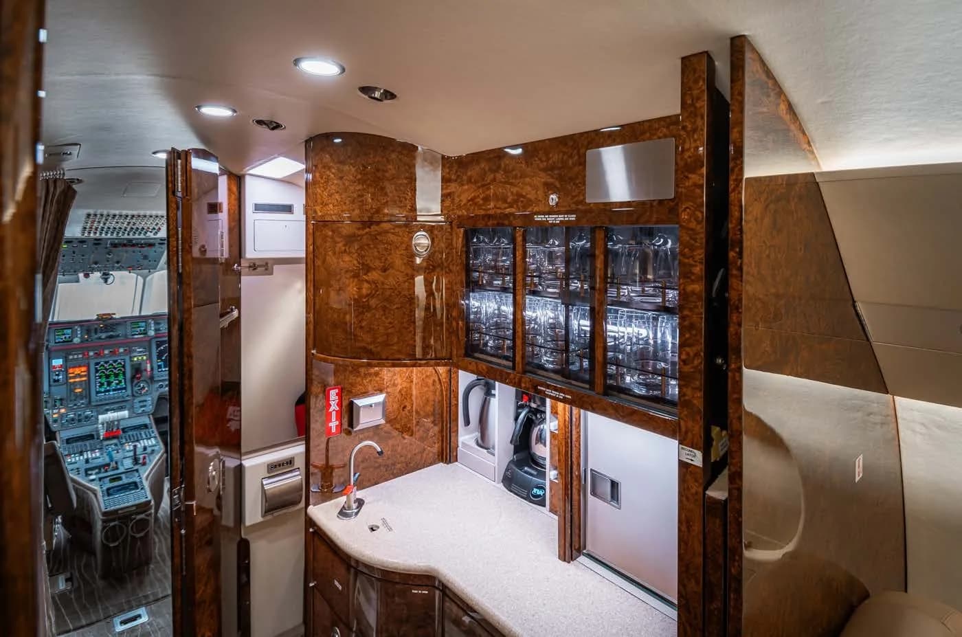 Interior view of the aircraft galley and cockpit.