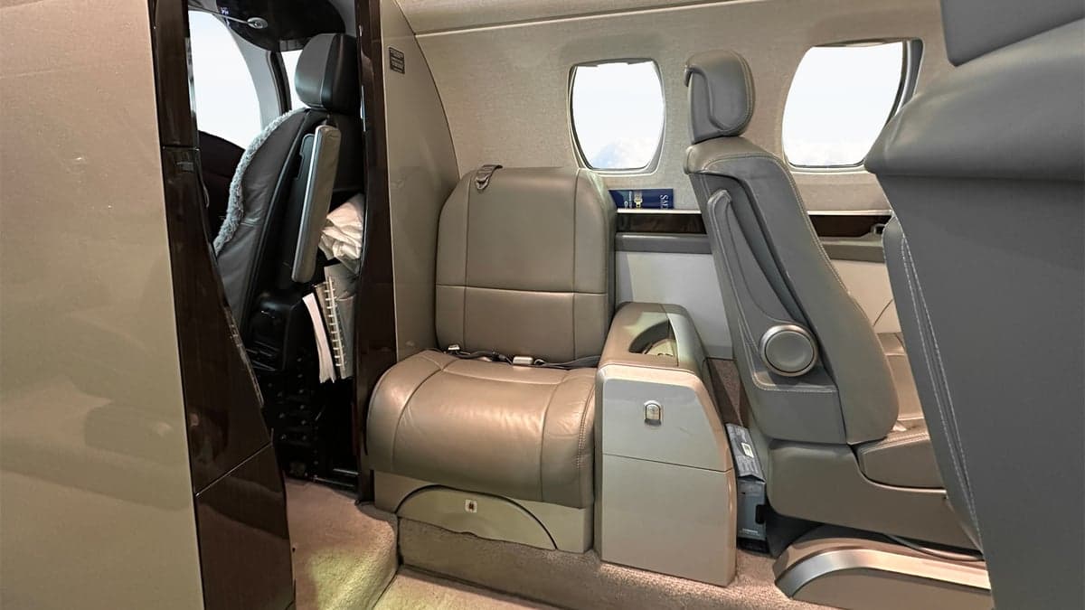 View of the cabin seats in a Cessna Citation CJ3.