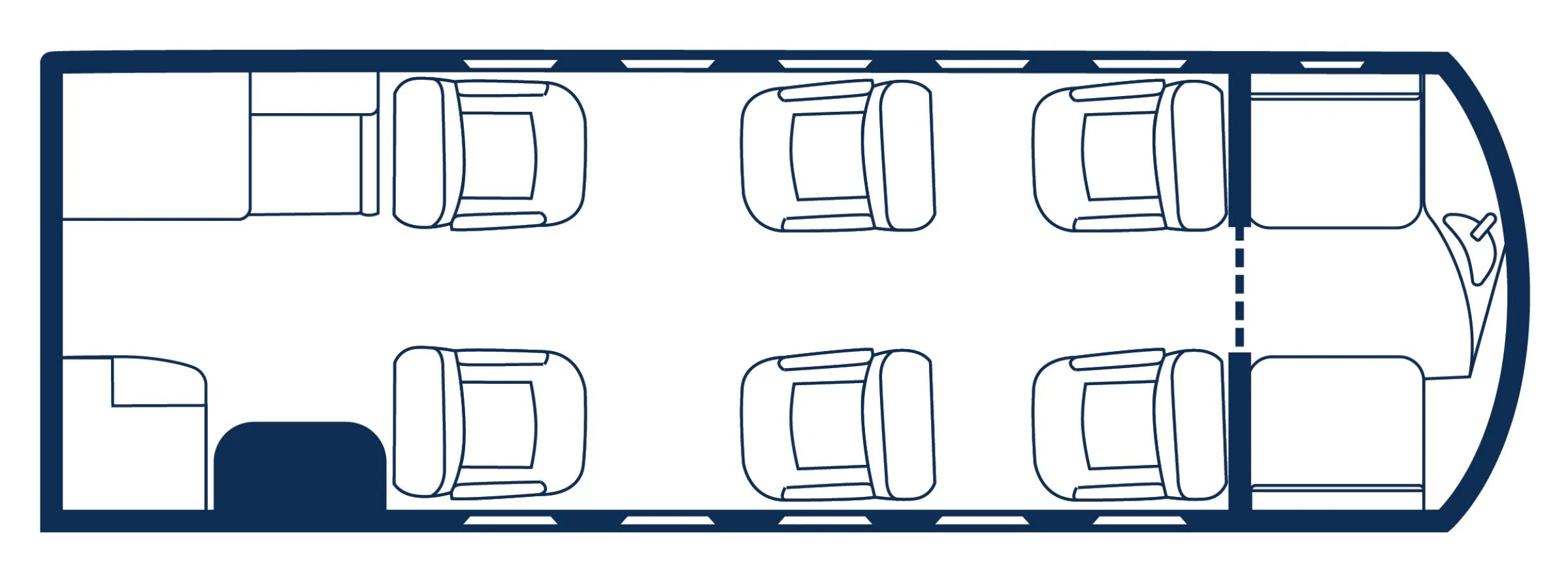 A diagram showing the cabin layout of a private jet with six passenger seats and a forward lavatory.