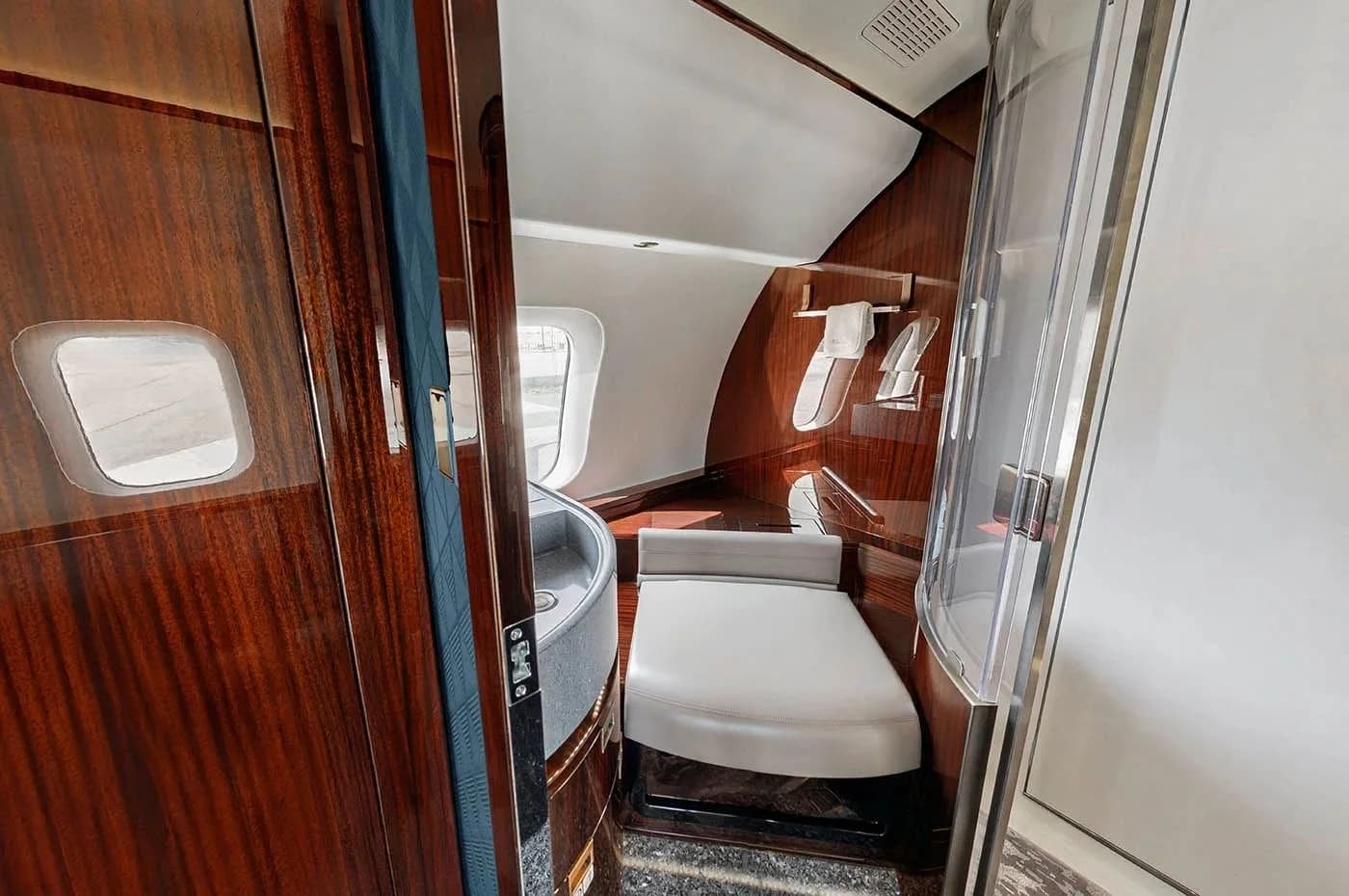 A private jet lavatory with dark wood paneling, a small sink, a toilet, and a shower stall.