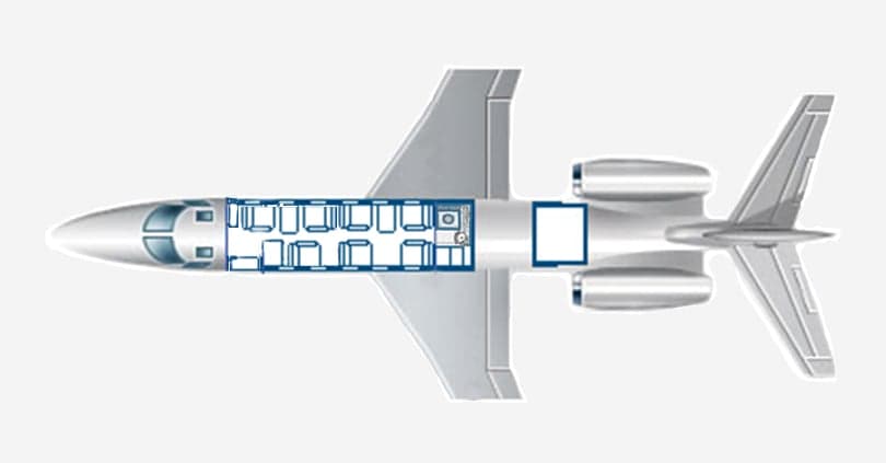 Diagram of the aircraft layout showing the seating arrangement and other features.
