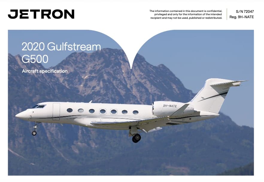 A 2020 Gulfstream G500 aircraft specification with registration 9H-NATE in flight against a mountain backdrop.