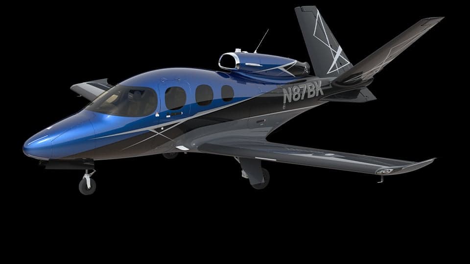 A rendering of a blue and gray Cirrus Vision Jet.