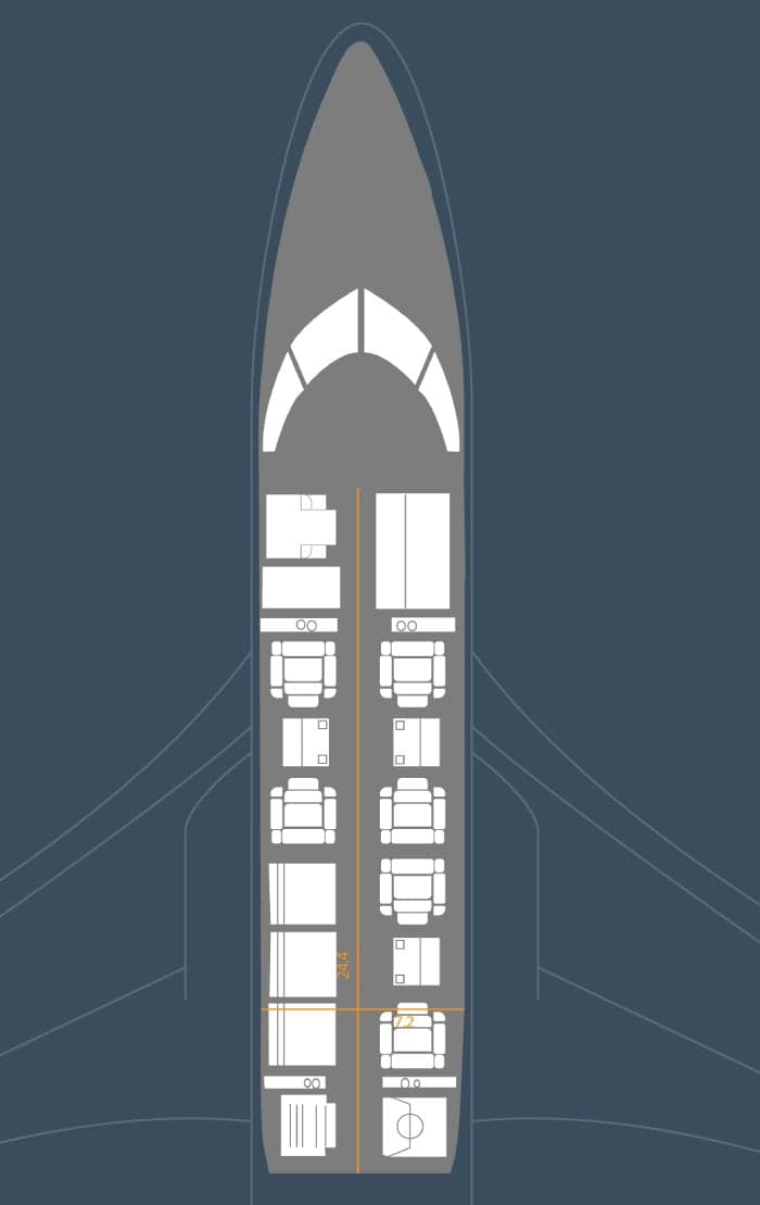 Overhead diagram of the aircraft's interior layout, showing seating and other features.