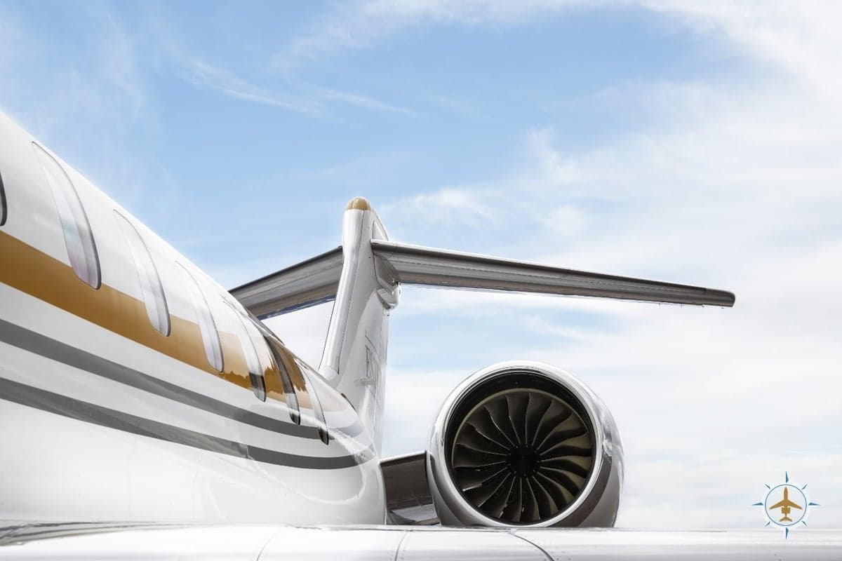 Close up of the tail and engine of a Bombardier Global Express aircraft.