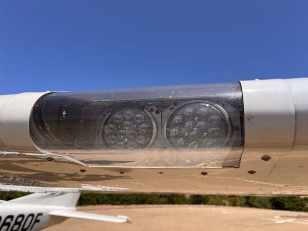 The aircraft N2680F's wingtip showing the LED landing lights.