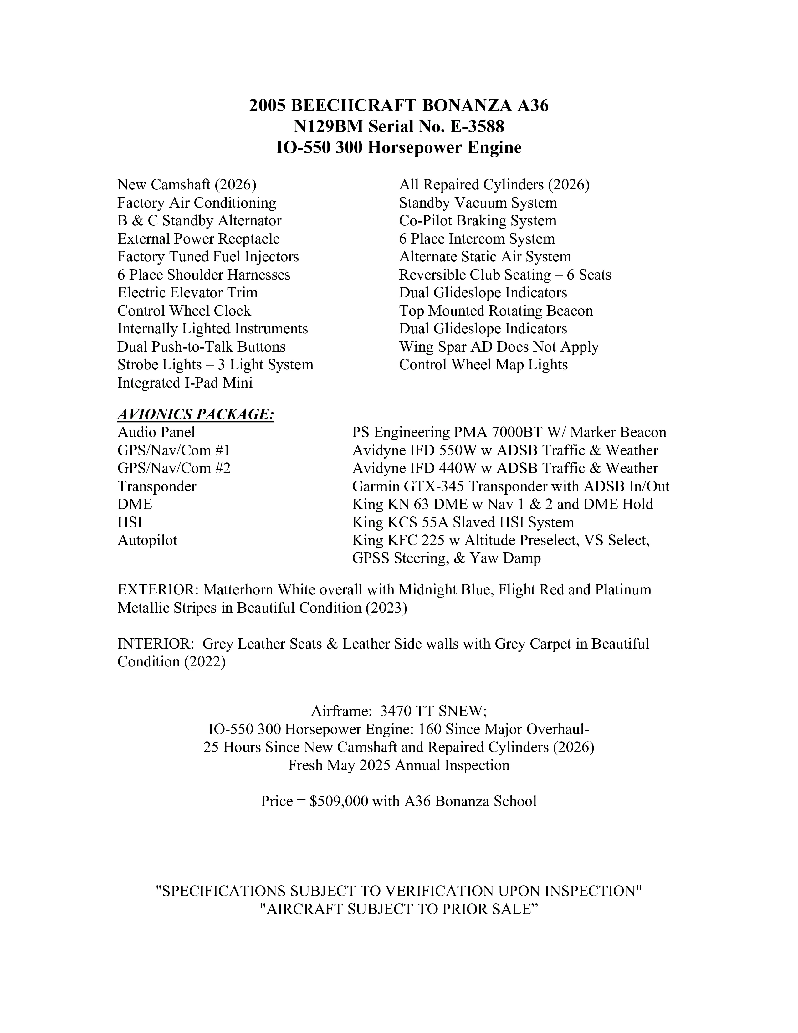 A white document lists specifications and features for a 2005 Beechcraft Bonanza A36, N129BM.
