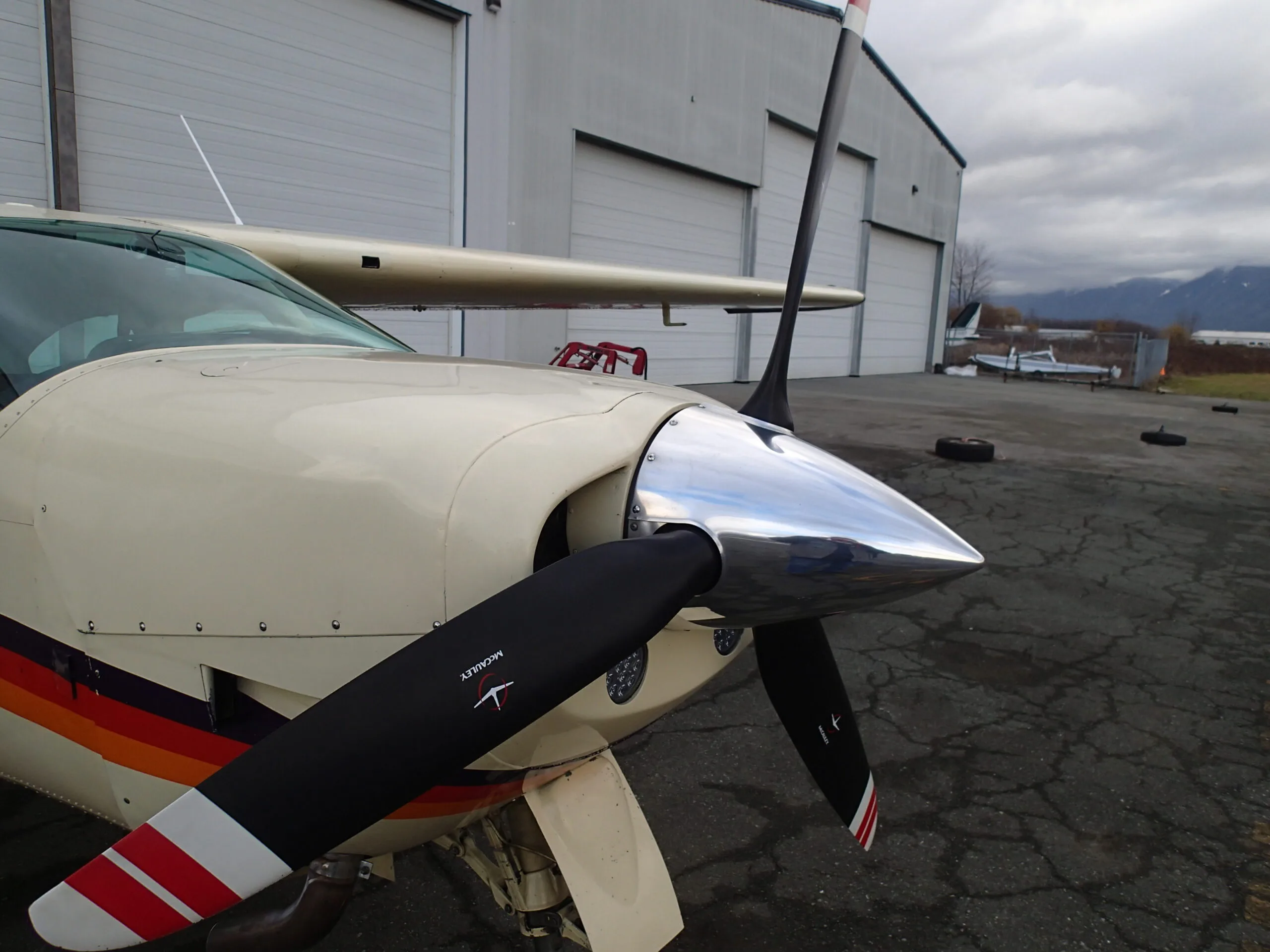 Close up of the propeller and nose of Cessna Cardinal RG C-FBXA.