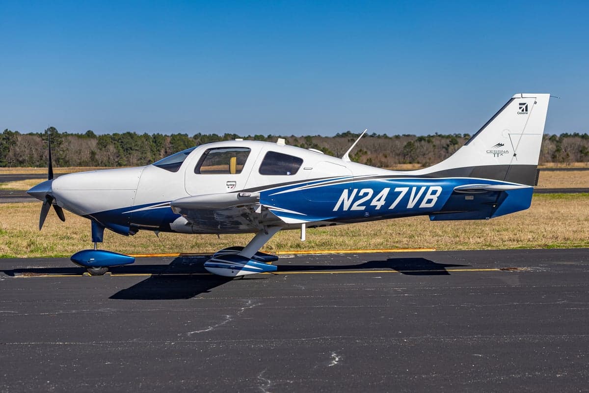 Side view of the Cessna TTx, registration N247VB, on the tarmac.