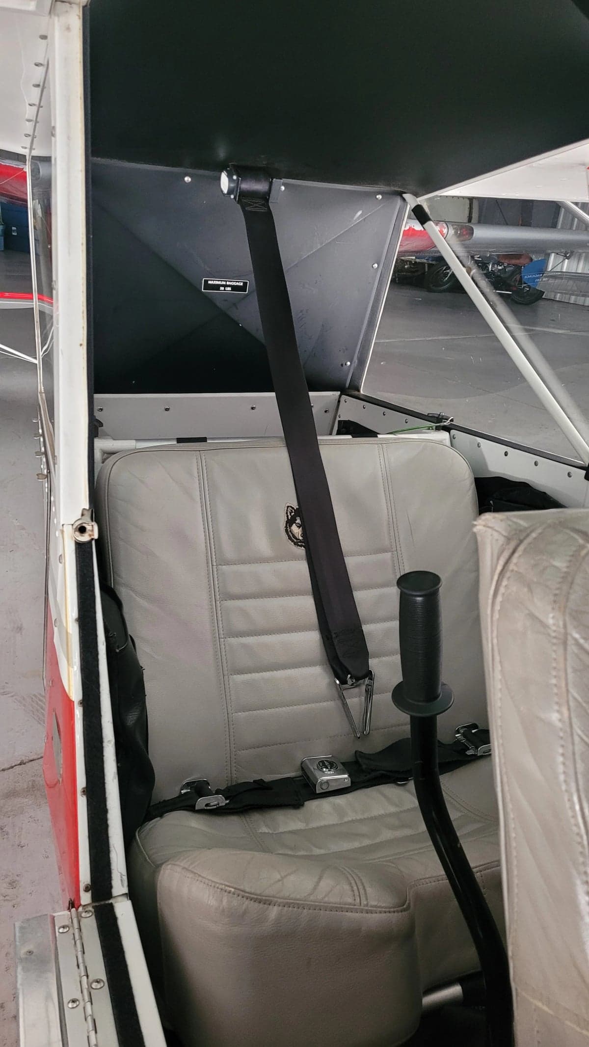 Close-up of the passenger seat inside the Aviat Aircraft Husky A-1B aircraft.
