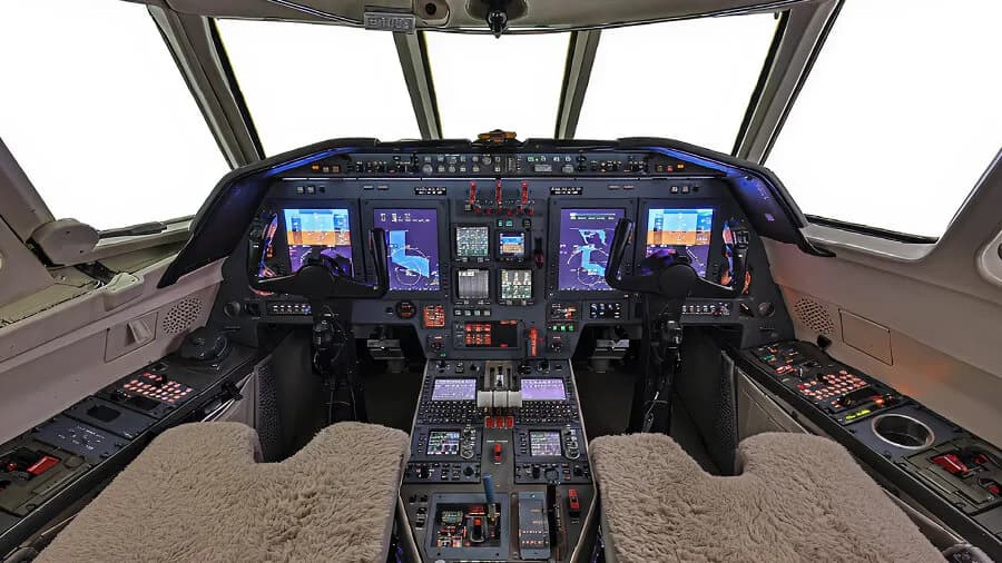 The modern glass cockpit of a business jet with multiple display screens and control panels.