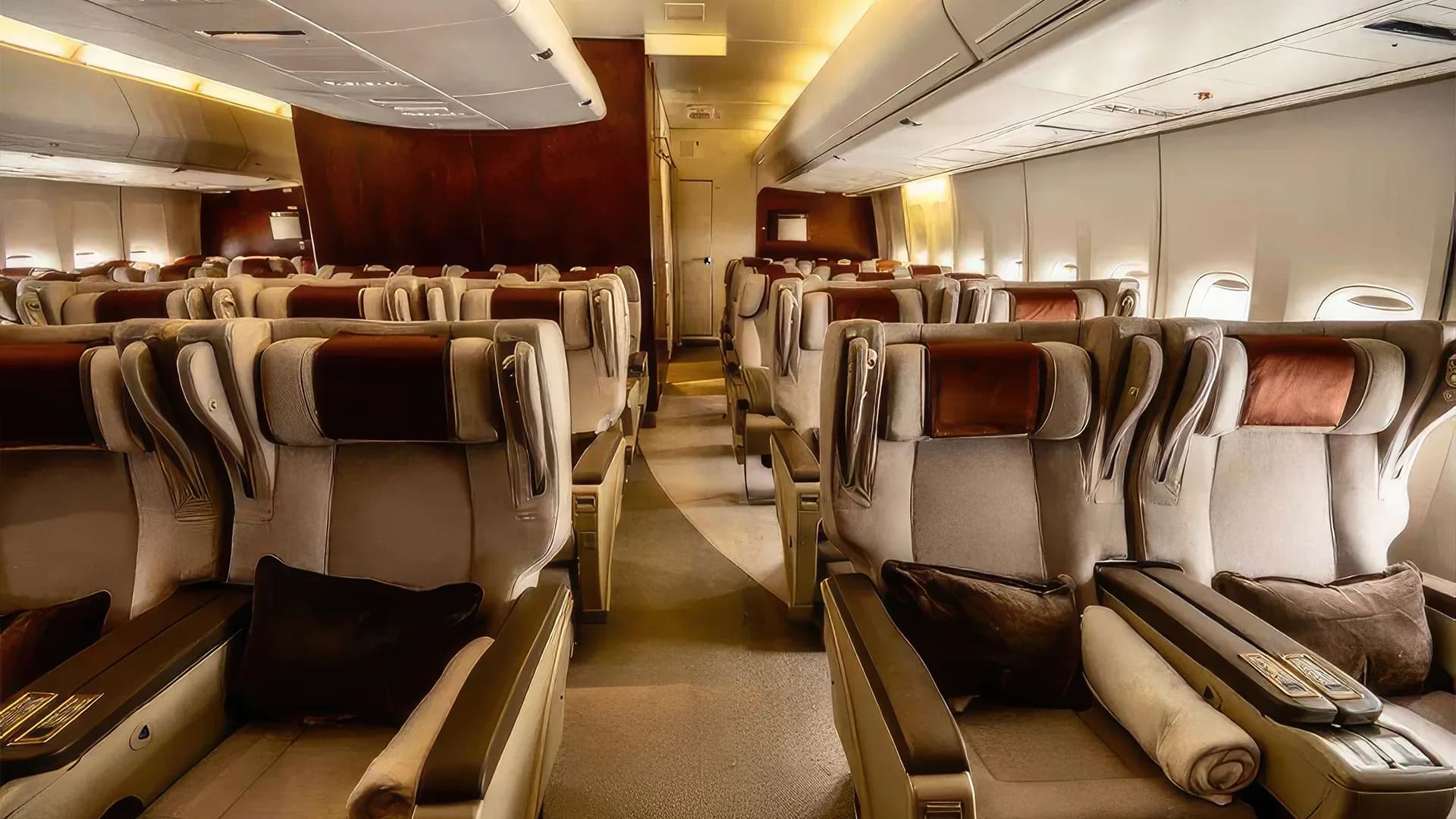 A view down the aisle of a passenger cabin with tan and brown seats.