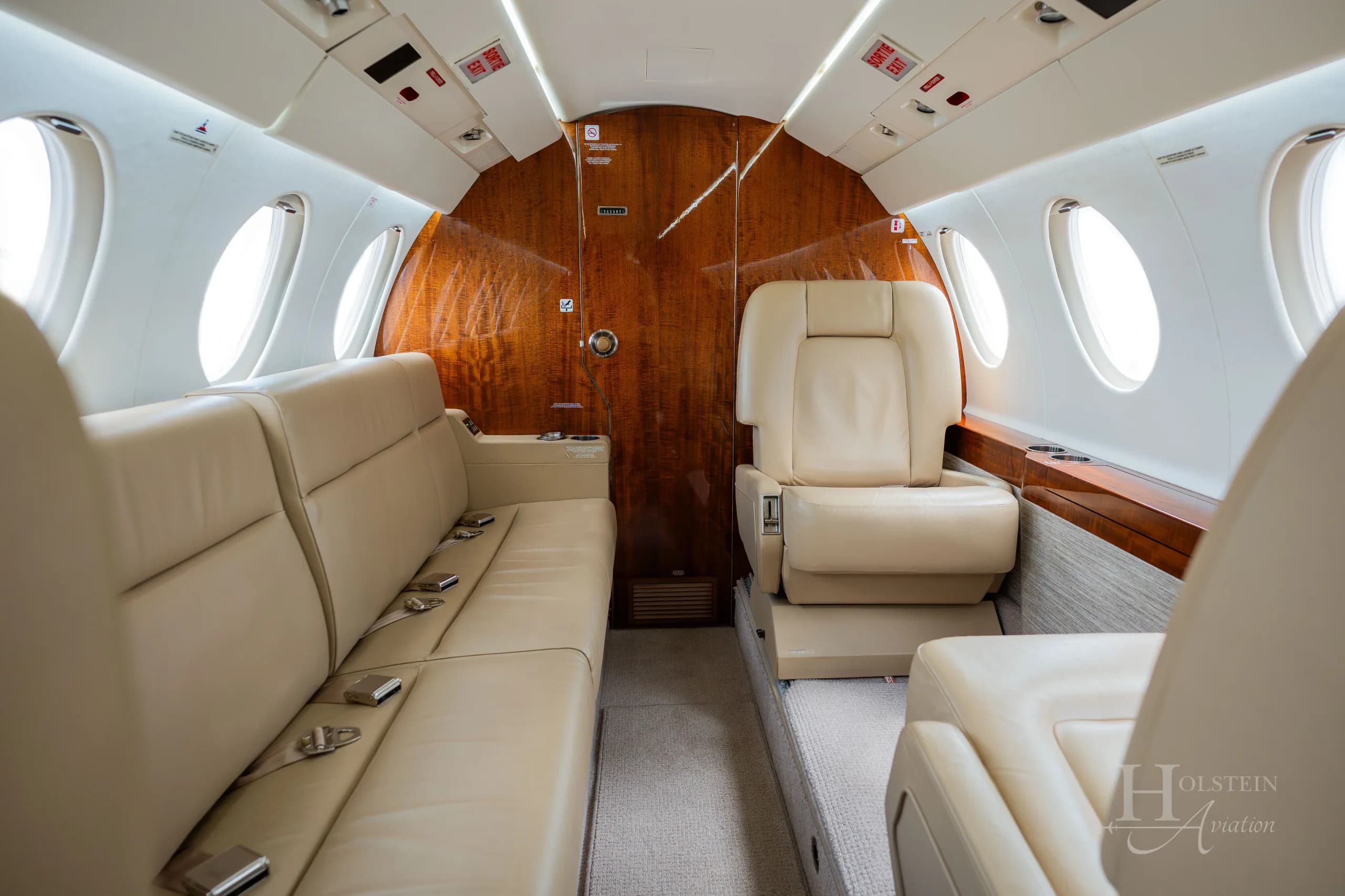The luxurious cabin interior of the Dassault Falcon 900EX, featuring beige leather seats and polished wood paneling.