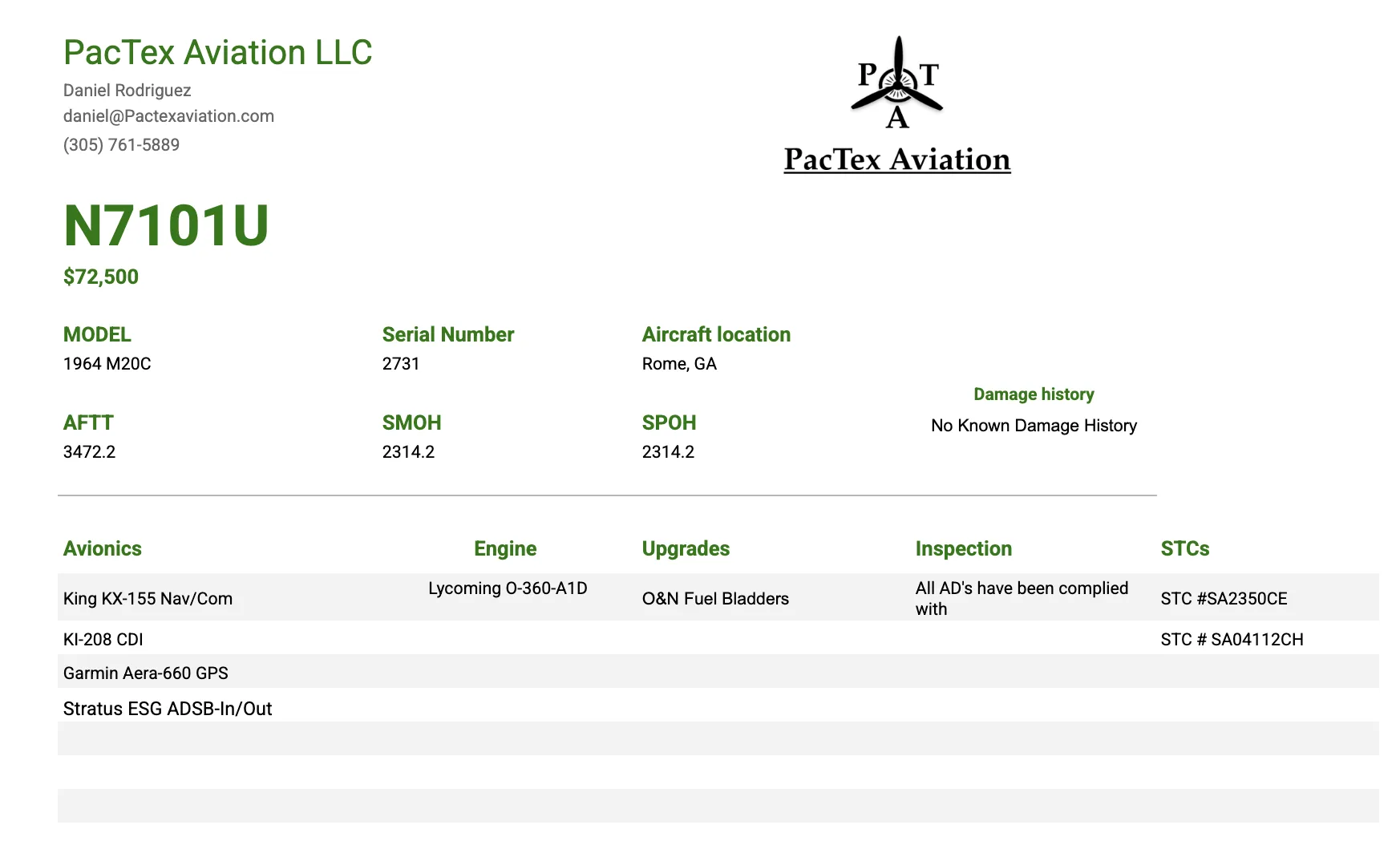 A text-based listing for aircraft N7101U, showing model, serial number, location, price, and specifications.