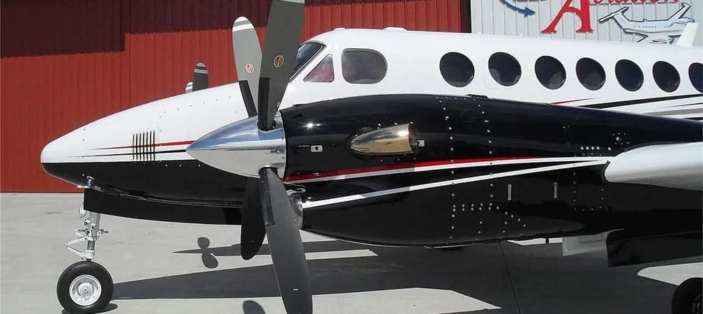 Close up of the propeller and nose of a King Air 350.