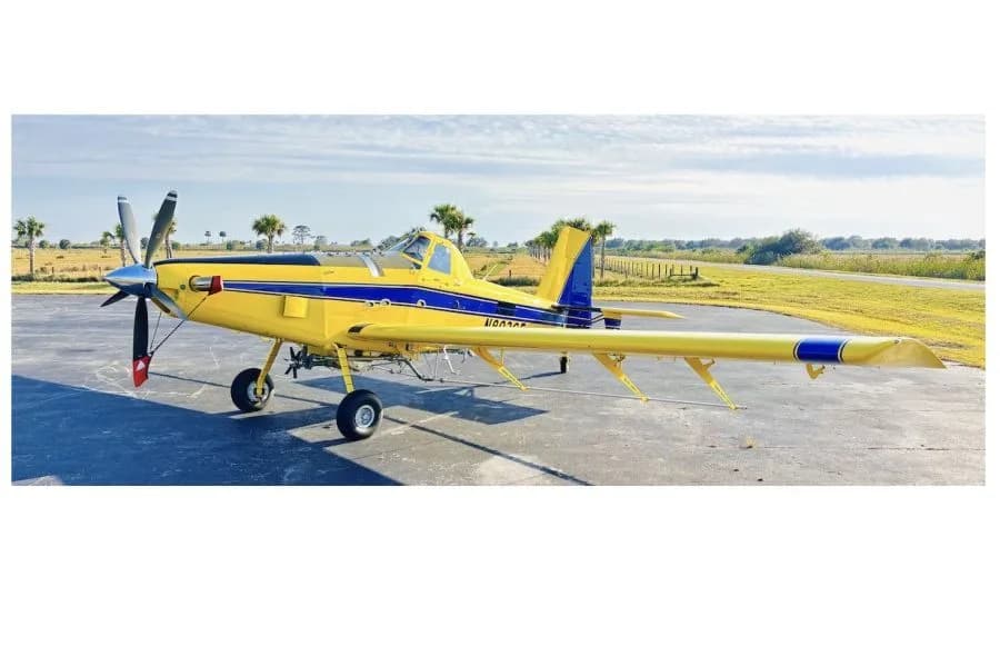 A yellow agricultural aircraft with blue stripes and tail number N802GG parked on an airfield with palm trees in the background.