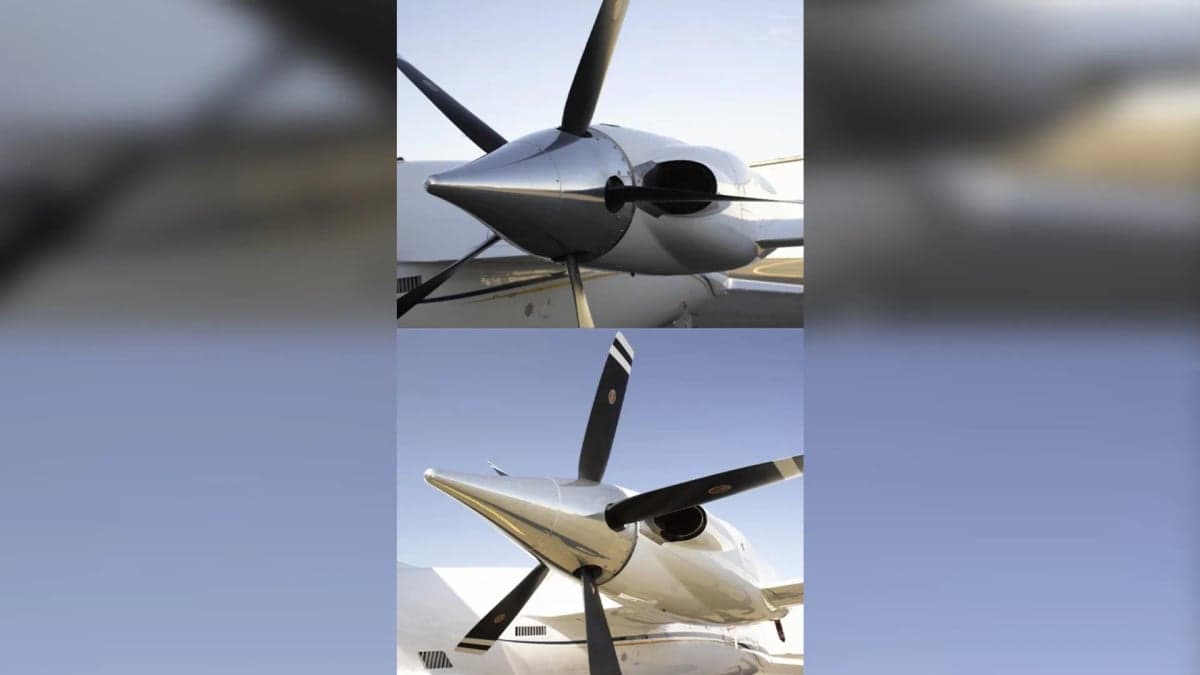 Close-up of the Piaggio Avanti's pusher propeller and engine nacelle.