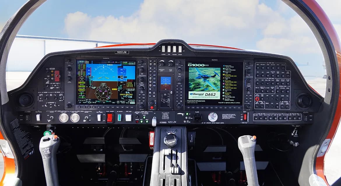 Detailed view of the Diamond DA62 cockpit with G1000 avionics.