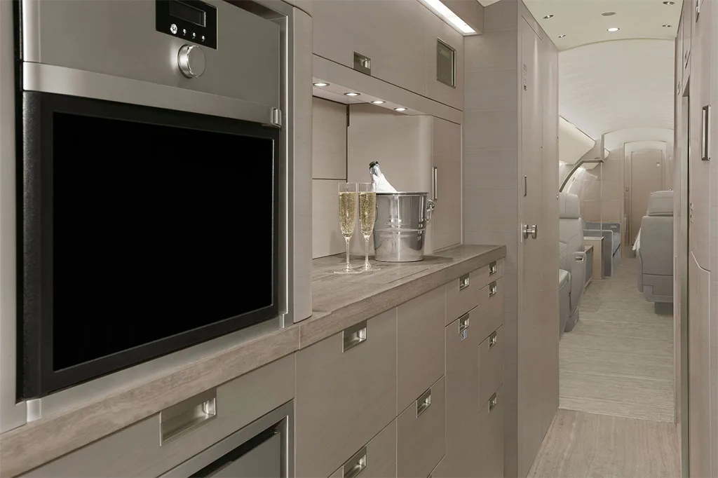 An aircraft galley with a built-in oven, counter space, and a champagne bucket with two flutes.