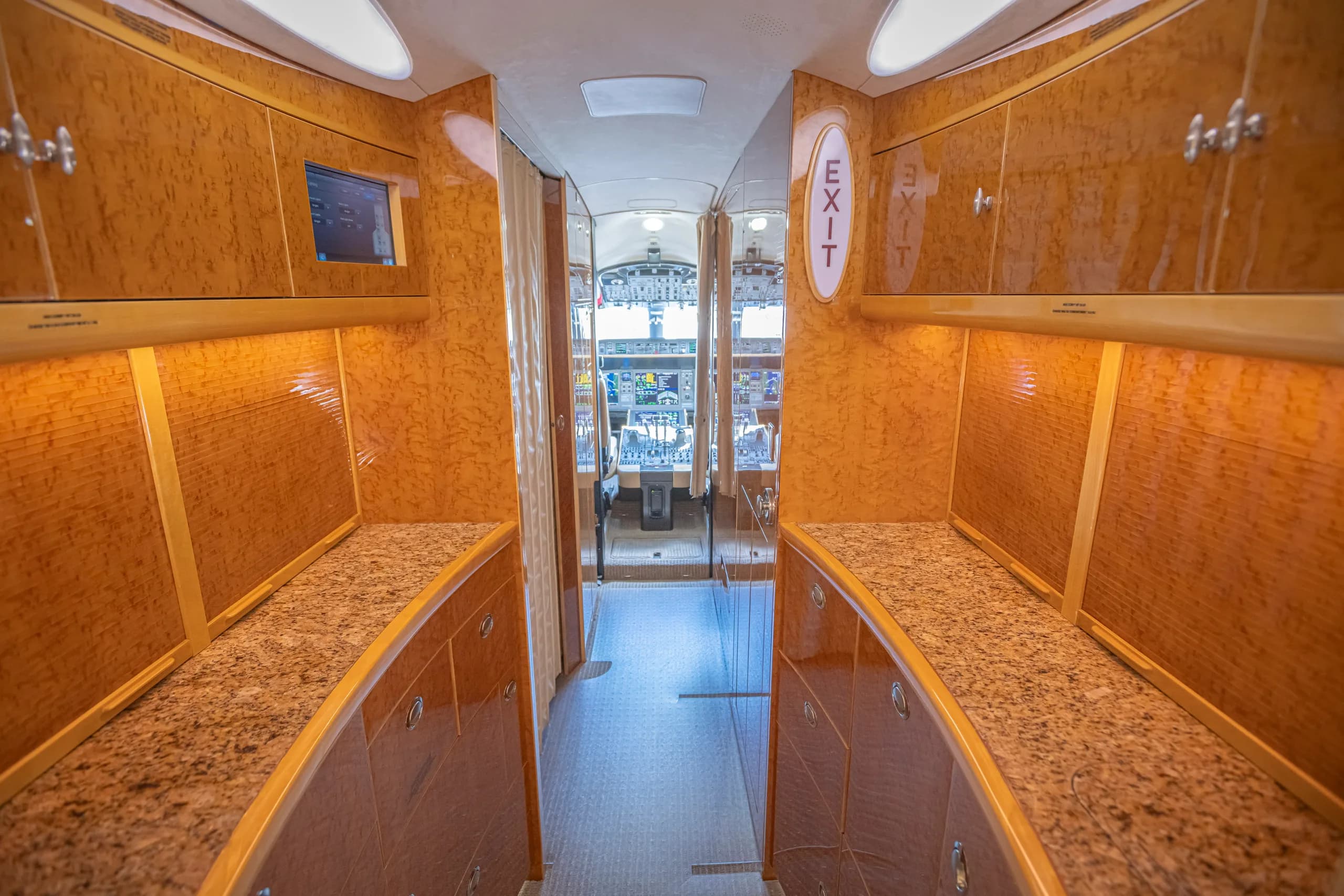 A view of the aircraft's interior looking towards the cockpit.