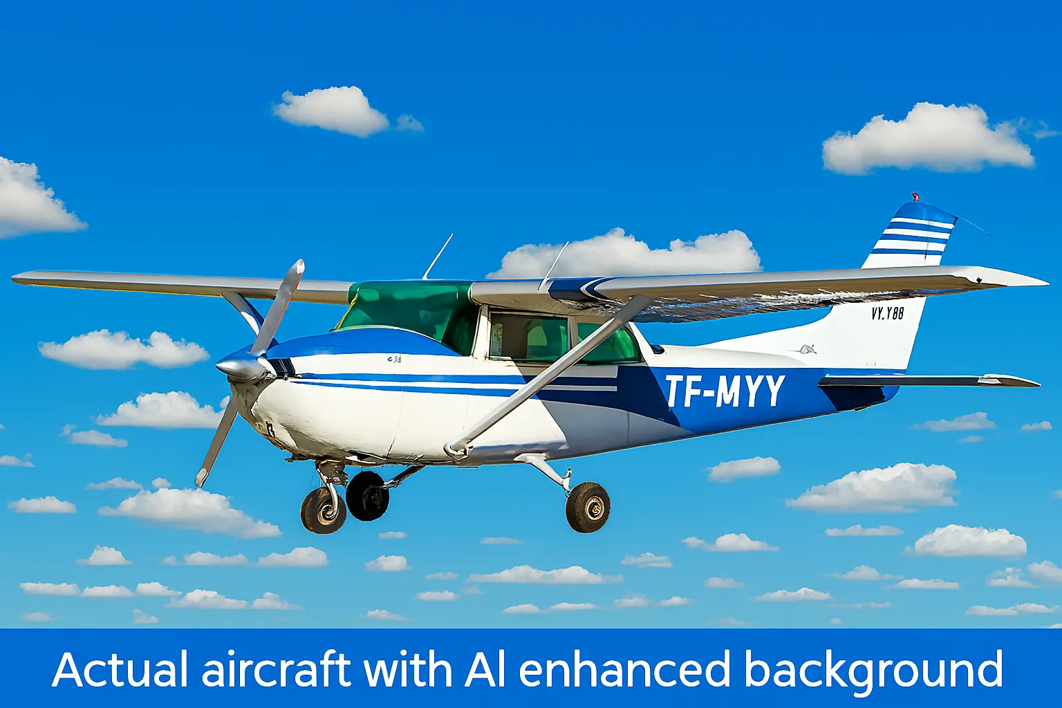 A white and blue single-engine propeller aircraft, registration TF-MYY, flying against a blue sky with clouds.