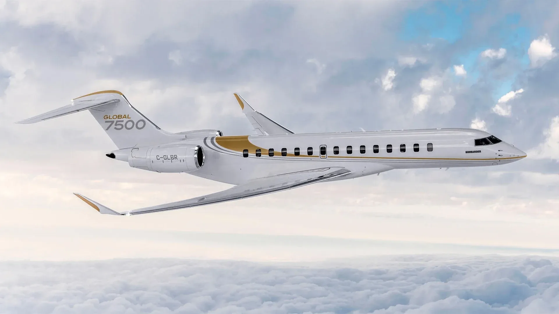 Bombardier Global 7500 in flight over clouds.