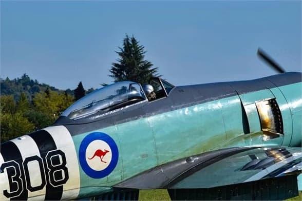 Hawker Sea Fury in flight with grey and green paint scheme.