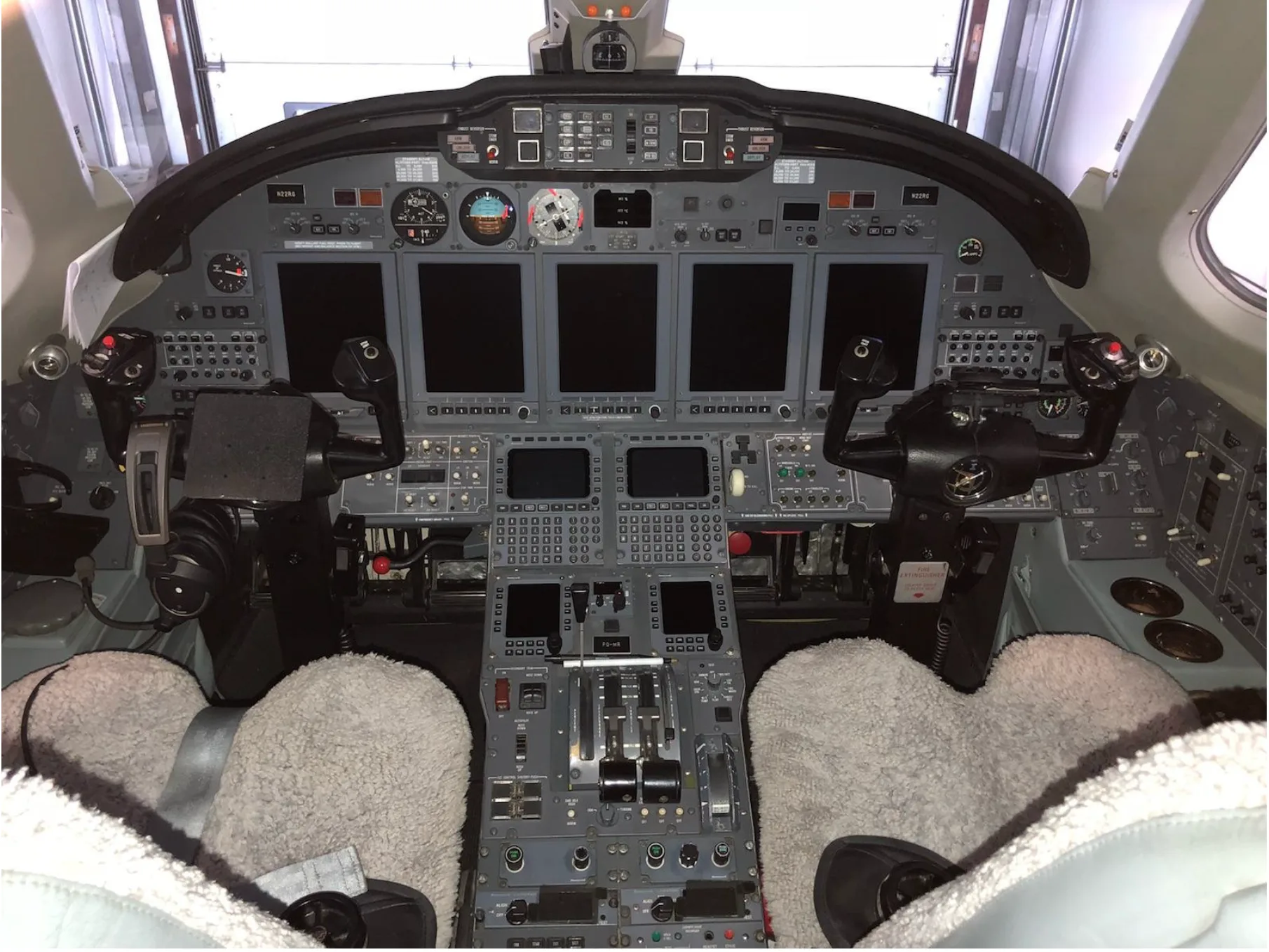View of the cockpit instrument panel and controls.