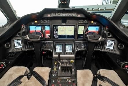 View of the aircraft cockpit with modern avionics.