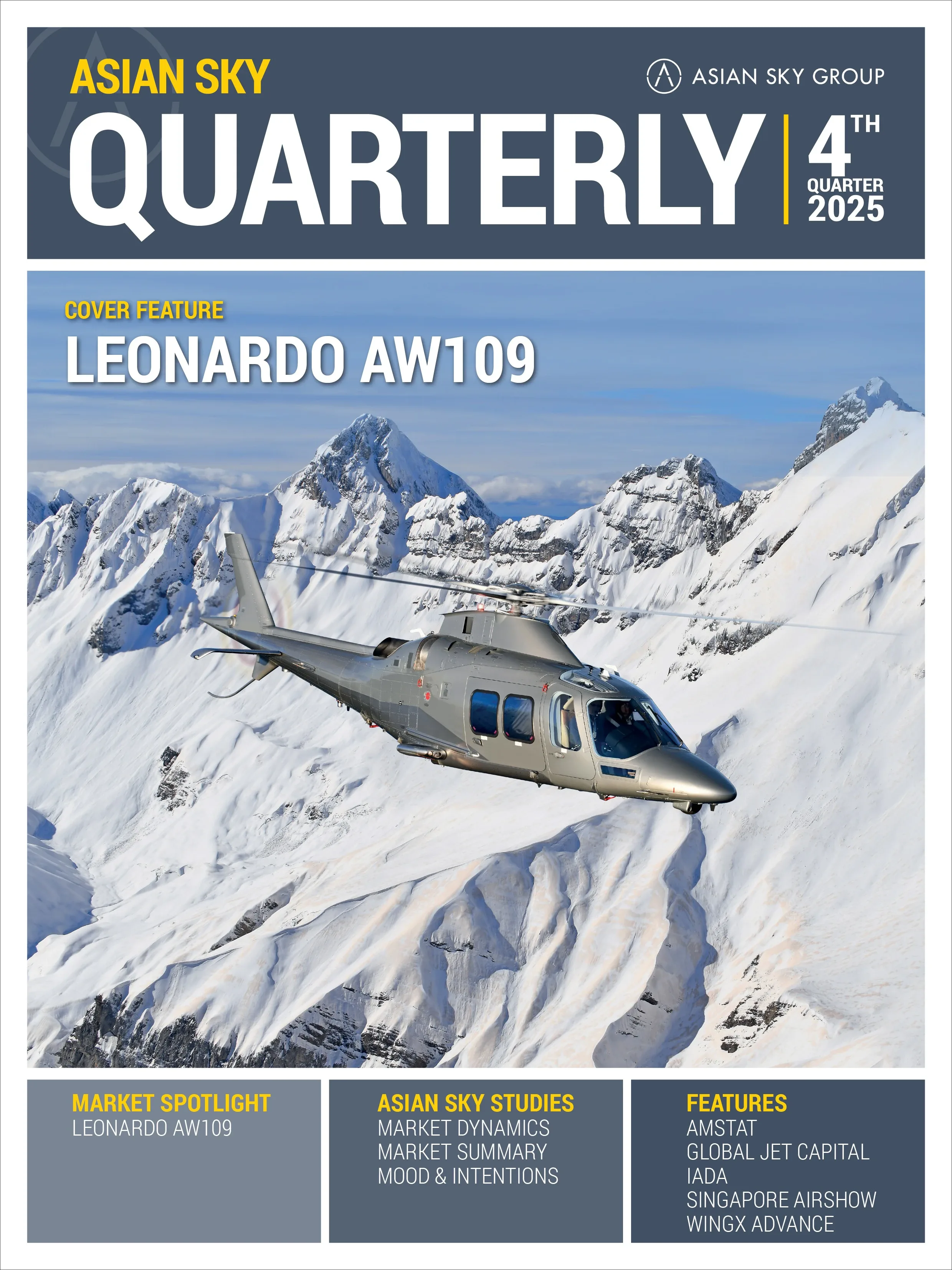 A silver Leonardo AW109 helicopter flies over snow-capped mountains under a clear sky.