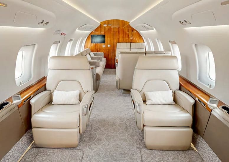 The aircraft's interior features leather seats and wood trim.