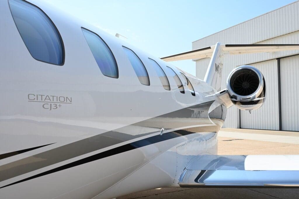 Close up of the tail and engine of a Cessna Citation CJ3+.