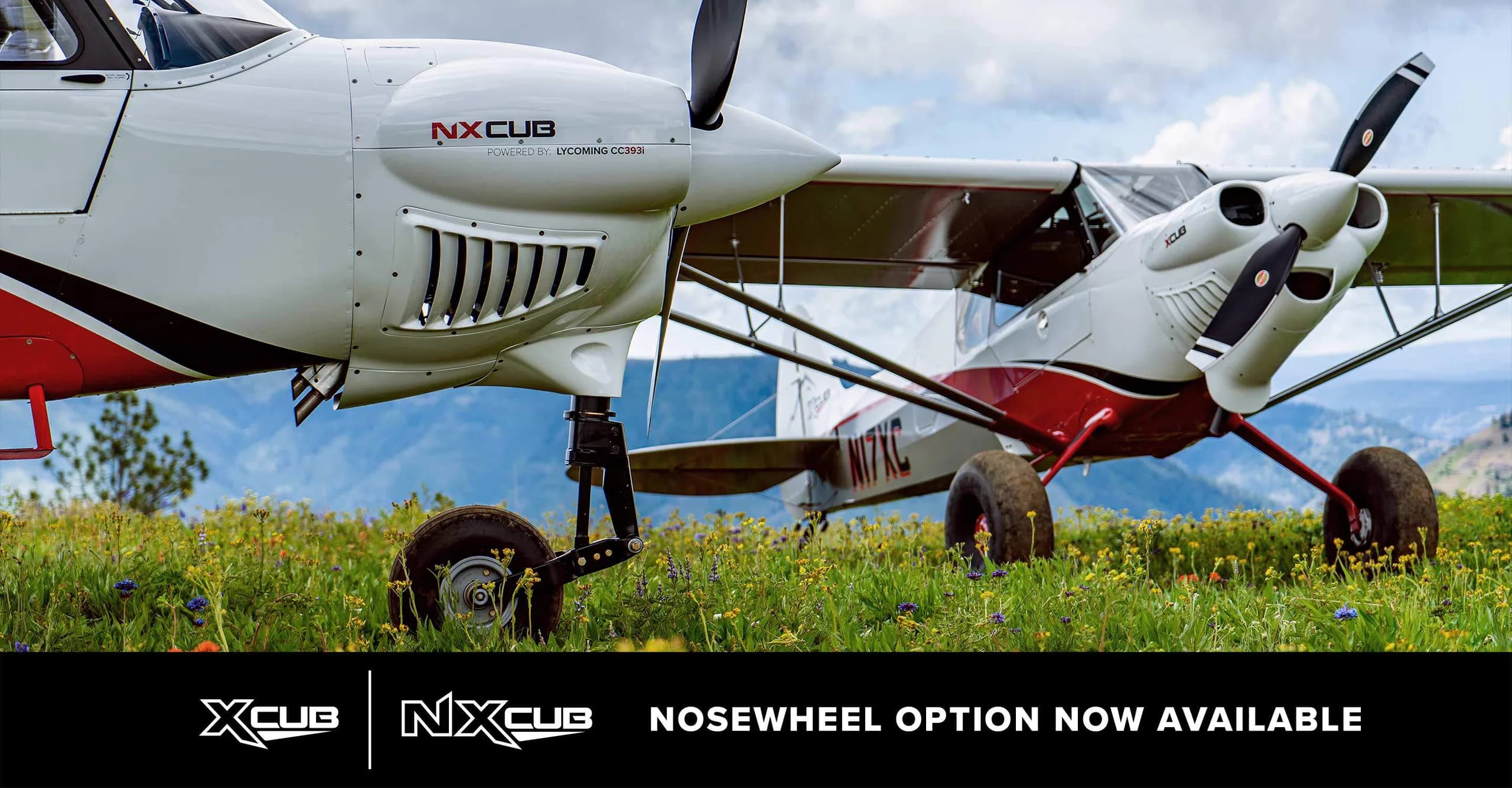 Two CubCrafters aircraft, one with a nosewheel option, on a grassy field.