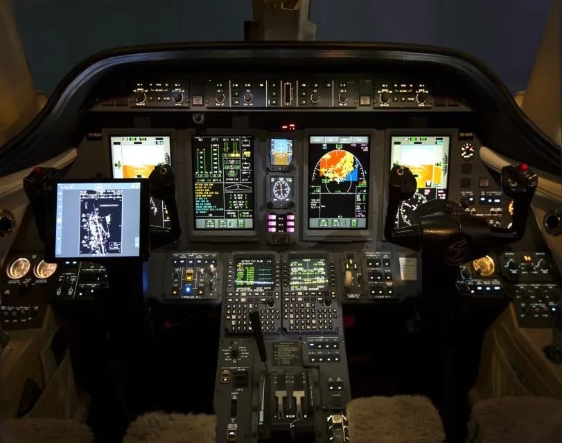 The aircraft cockpit featuring multiple display screens and controls.