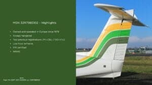 Close up of the tail of the Piper Lance II aircraft with green and yellow stripes.