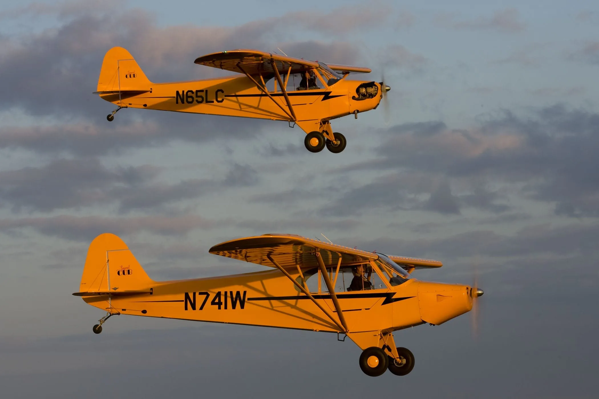 Two yellow Piper Cub-style aircraft (N741W and N65LC) fly in formation against a cloudy sky.