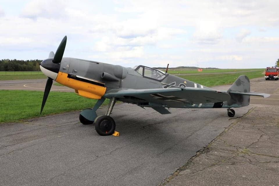 A Messerschmitt Bf 109 parked on the tarmac.