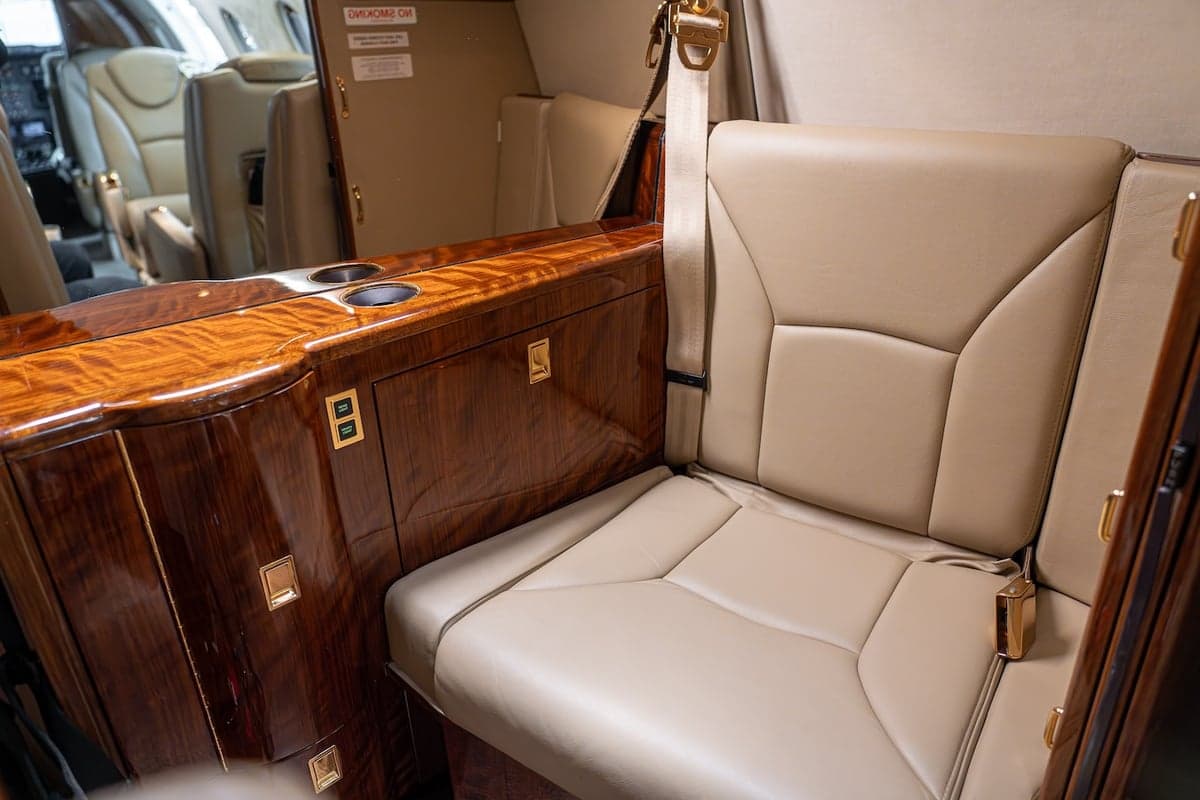 Aircraft interior with tan leather seats and wood trim.