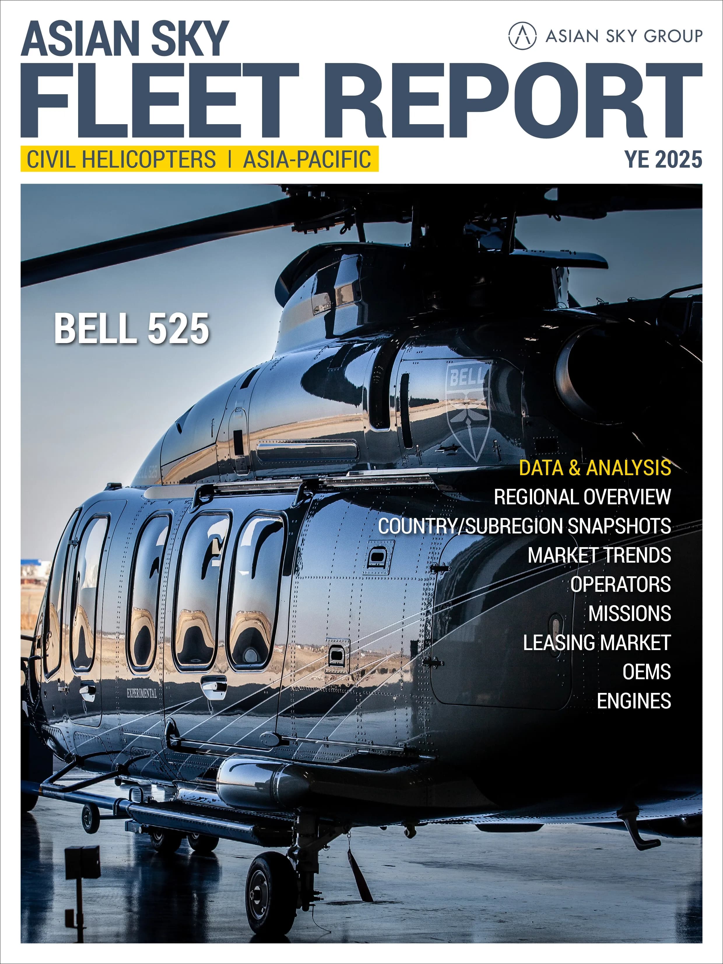 A dark, glossy Bell 525 helicopter with "EXPERIMENTAL" text is parked on an airfield.