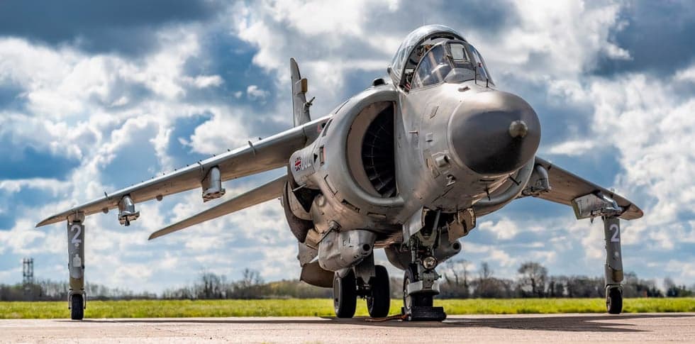 Front view of a Harrier jet on the ground.