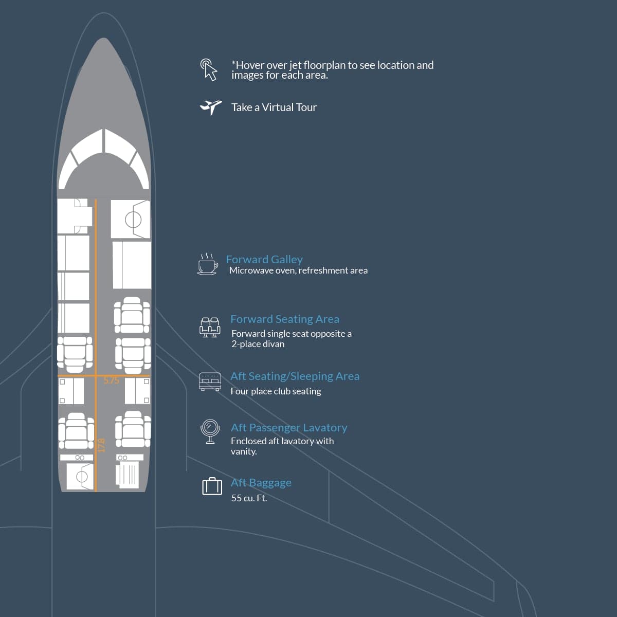 Diagram of the aircraft's interior layout, including seating and amenities.