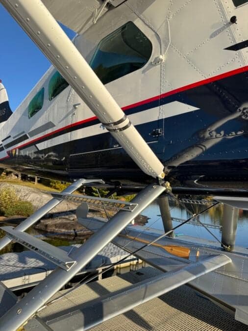 Close-up of the de Havilland Canada DHC-3 Otter floatplane's fuselage and floats.
