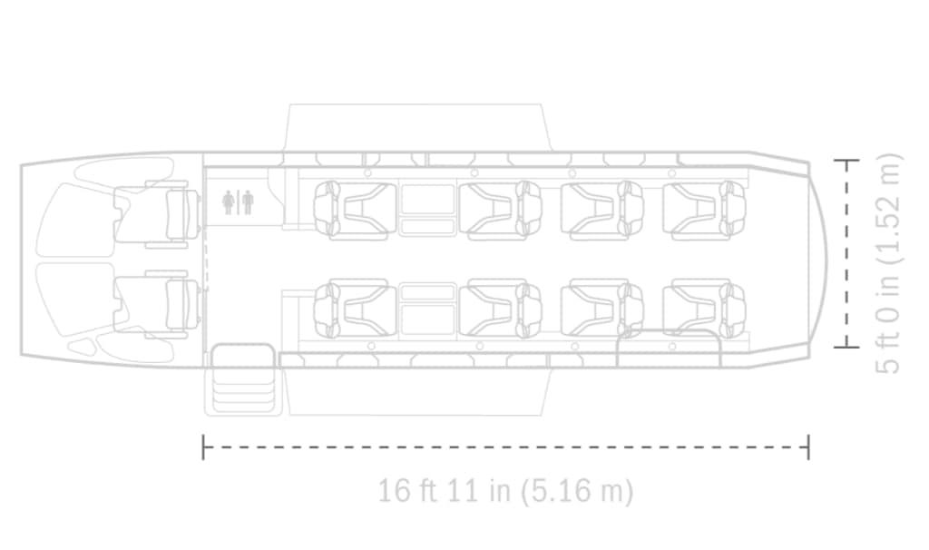A diagram of the interior layout of a Pilatus PC-12 aircraft, showing the seating arrangement and dimensions.