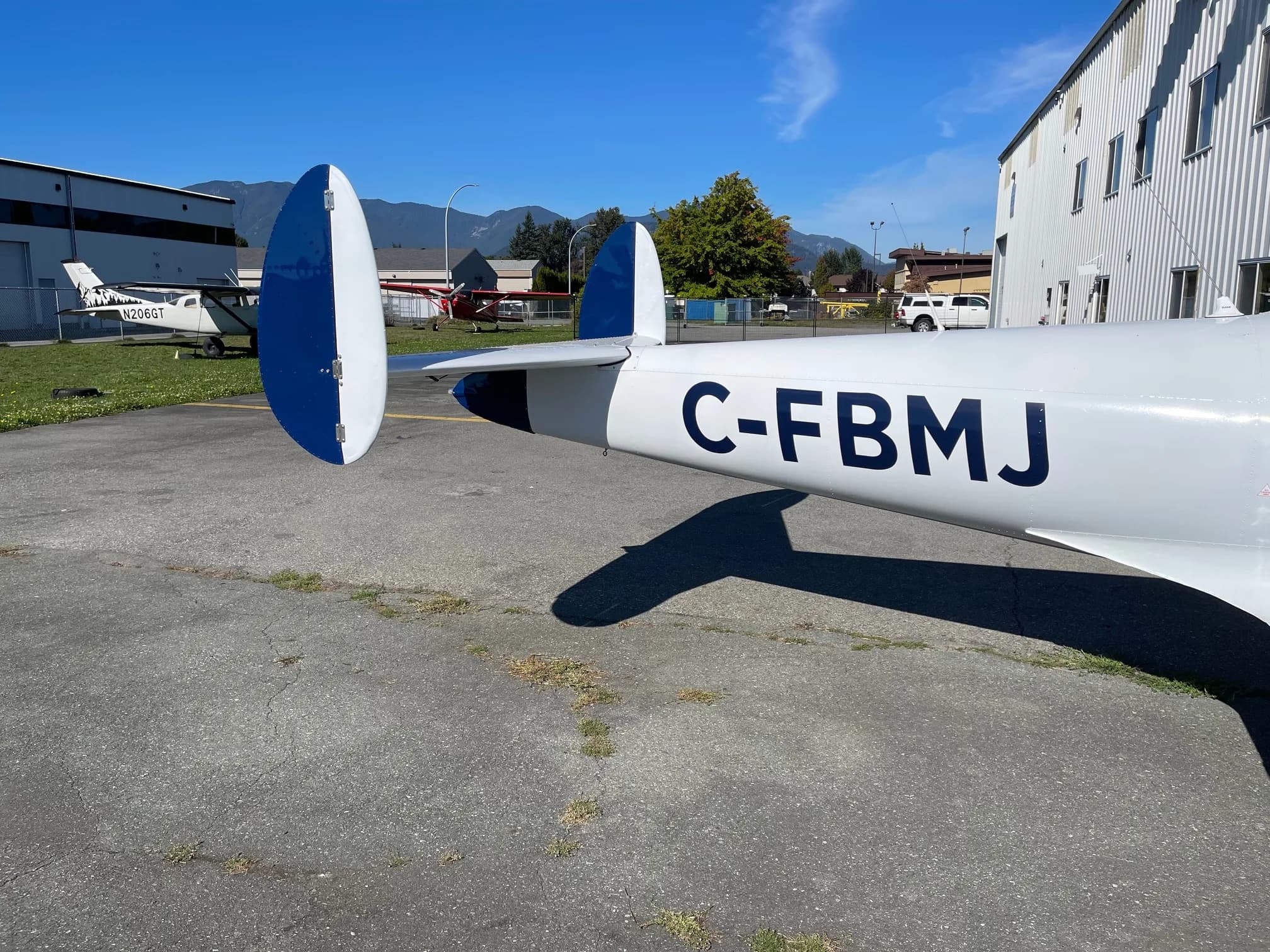 Tail section of the Ercoupe CF-BMJ showing the registration.