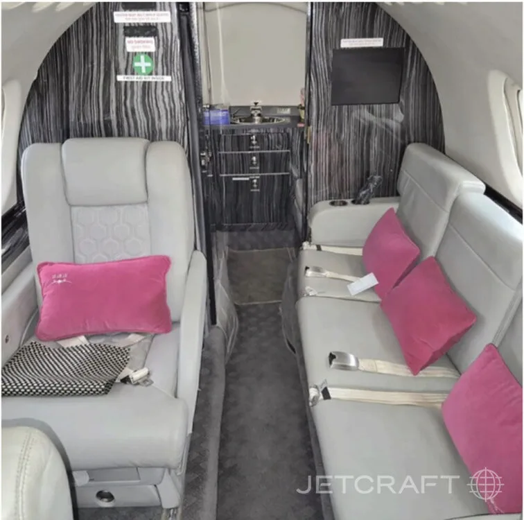 The interior of a private jet cabin with light grey seats, pink pillows, and dark wood-grain paneling.