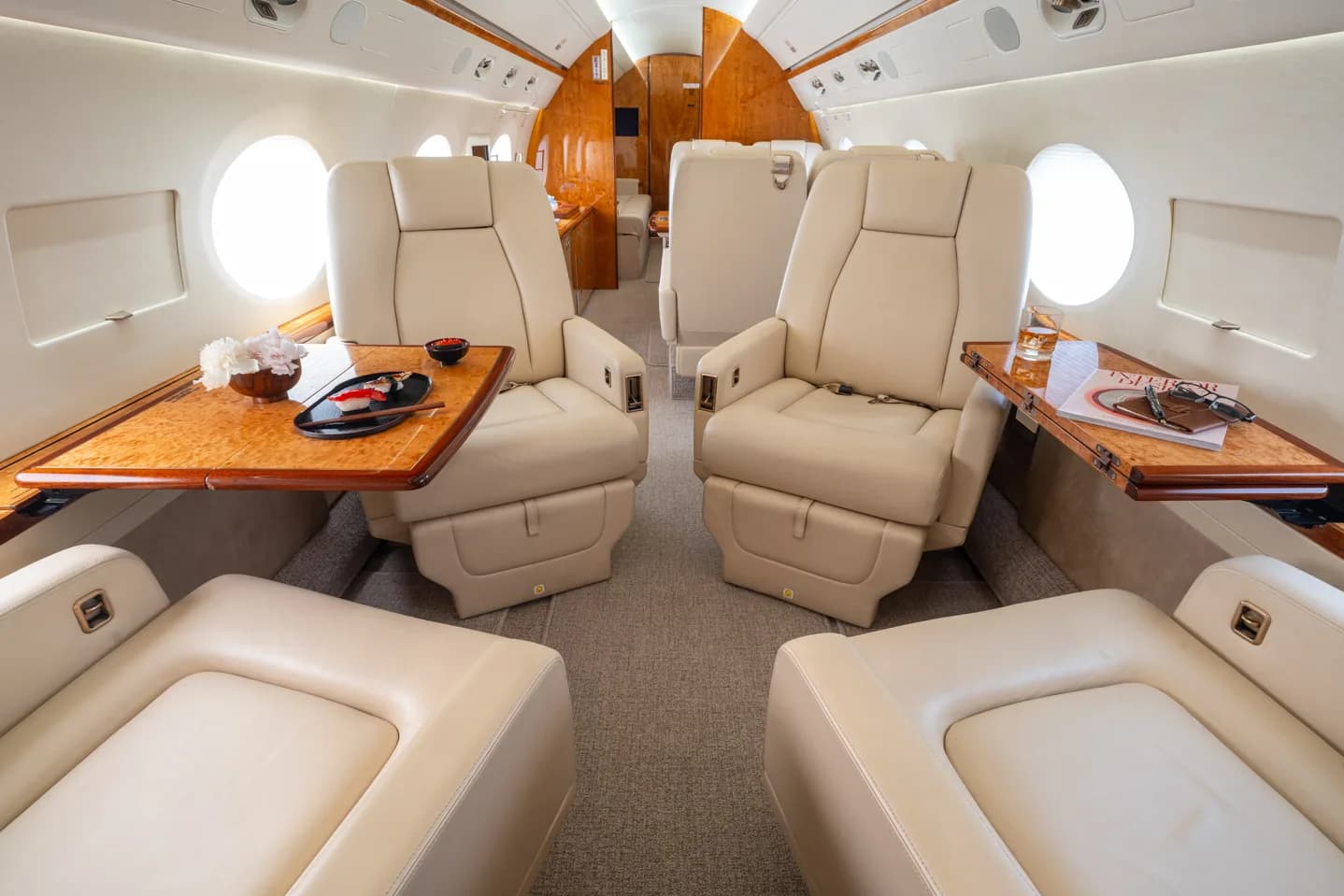 An overhead diagram of an aircraft cabin layout with various seating configurations.